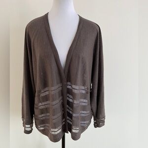 360 CASHMERE Lightweight Flowy Taupe Cardigan Sheer Delicate Stripe V Neck Chic